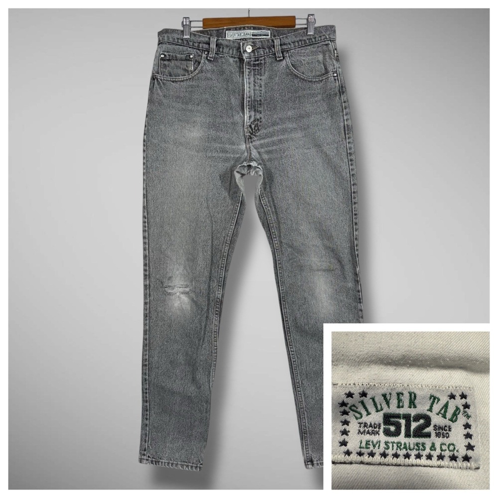 True‎ Vintage Levis Silvertab 512 Gray Black Acid Wash Distressed Jeans 36x34